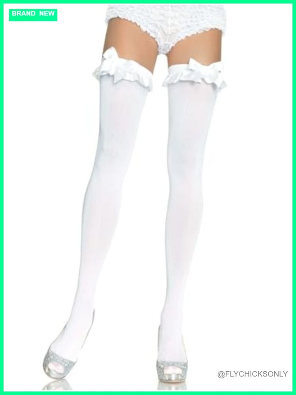 Opaque Thigh Highs with Satin Ruffle Trim and Bow, 100% Nylon